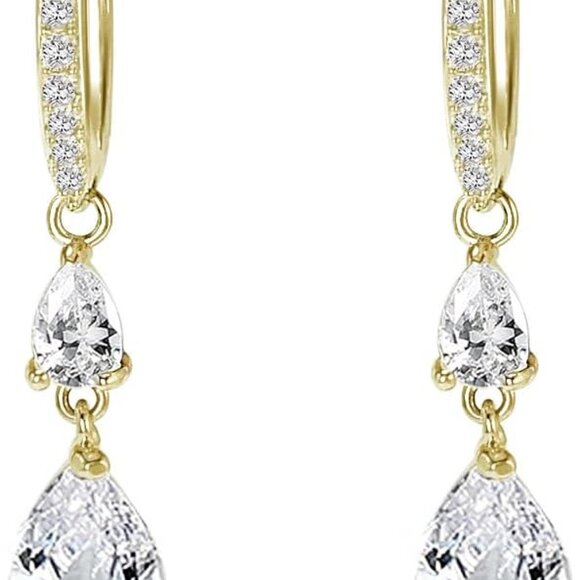 Dainty Gold Plated Huggie Hoop Earrings Cubic Zirconia Drop Jewelry - Picture 1 of 6